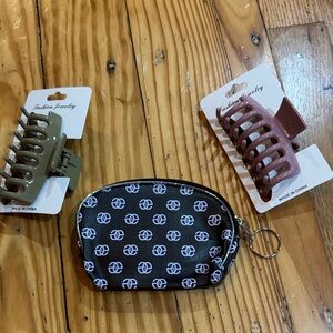 Black Patterned Pouch with Hair Clips